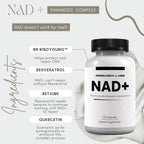 Research Labs NAD+ Supplement 2 por 1 Fórmula Patentada con RiboYOUNG™ | Activador NRF2, Nicotinamida Ribósido, Quercetina, Resveratrol, Betaína