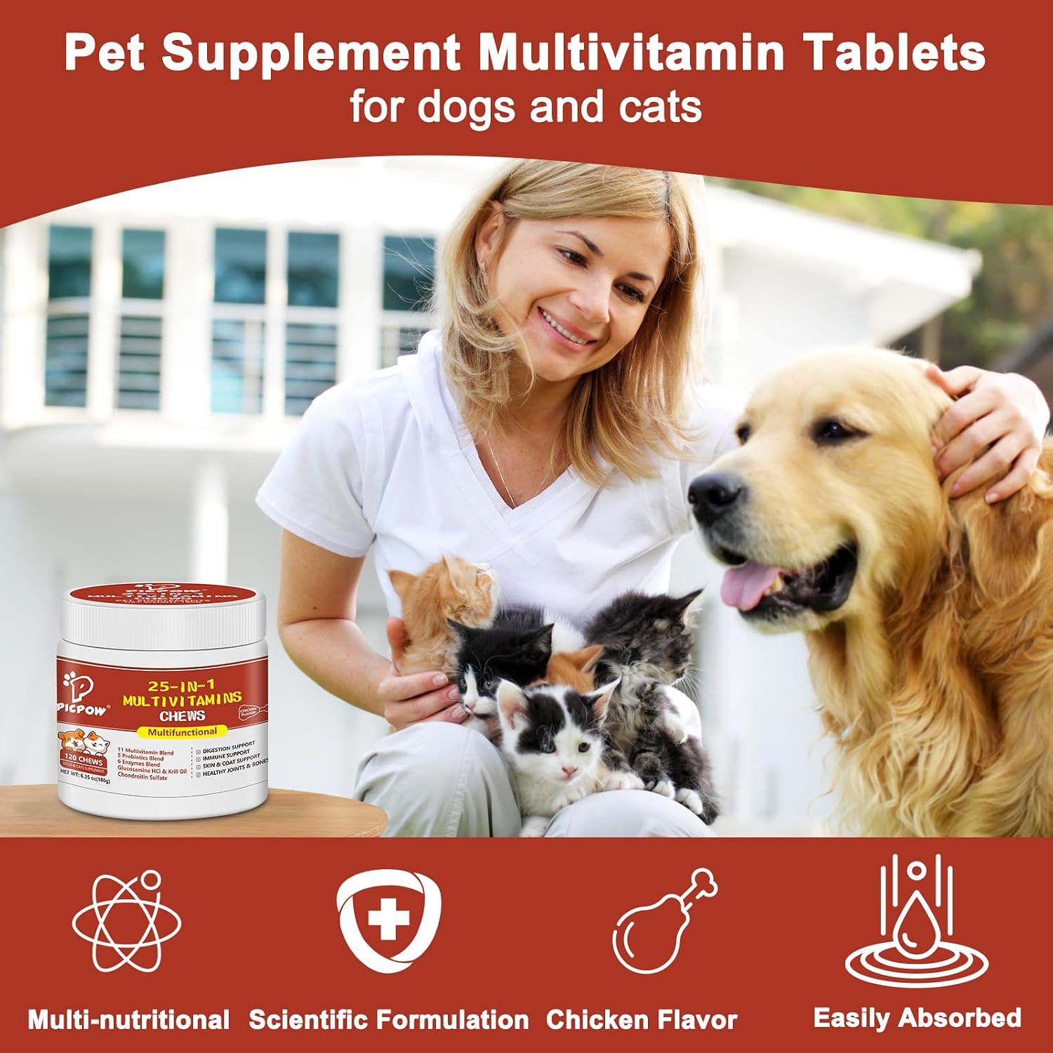 PICPOW Multivitamínico masticable para perros con glucosamina, condroitina, enzimas digestivas y probióticos, 120 comprimidos
