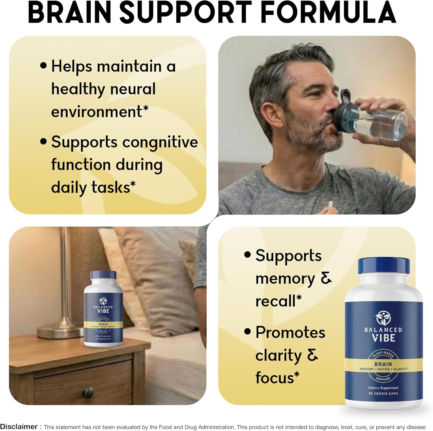 Balanced Vibe Brain Supplement 8 in 1 con Lion's Mane, Bacopa, Rhodiola, Ginkgo para Memoria, Enfoque y Claridad Mental, Sin Estimulantes, Vegano, 90 Cápsulas