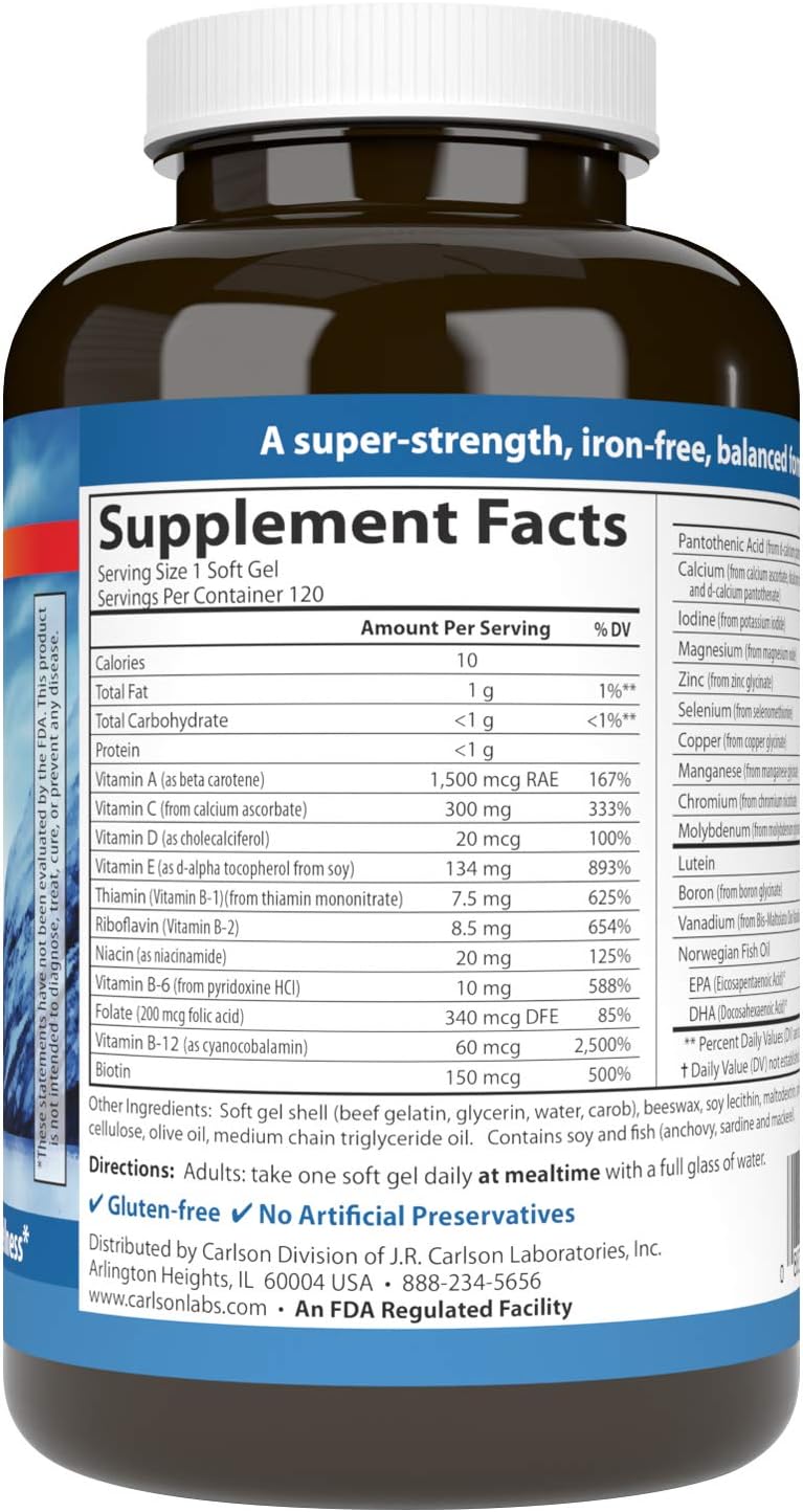 Carlson Multi + Omega-3 – Multivitamínico con Aceite de Pescado, 120 Cápsulas Blandas