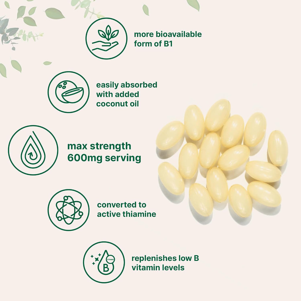 Vitamina B1 Benfotiamina 600mg por dosis, 240 Cápsulas Blandas con Aceite de Coco | Suplemento B1 Bioactivo | No OGM, Sin Soja