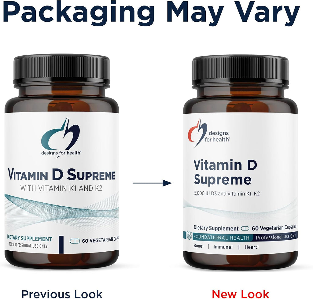 Designs for Health Vitamina D Supreme - Vitamina D3 5000 UI con 2000 mcg de Vitamina K como MK-4 para Huesos, Corazón y Sistema Inmunológico (60 Cápsulas)