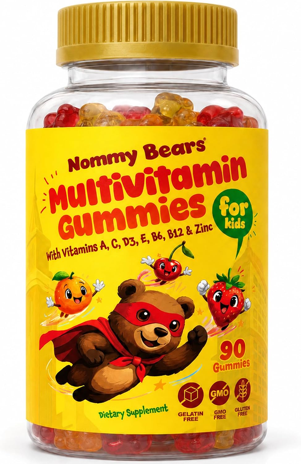 NOMMY BEARS Gomitas Multivitamínicas para Niños - 11 Vitaminas Esenciales, Sin Gelatina, Vegano, Sin Gluten y Sin Lácteos, Sabor Natural, 90 Gomitas (45 Días)
