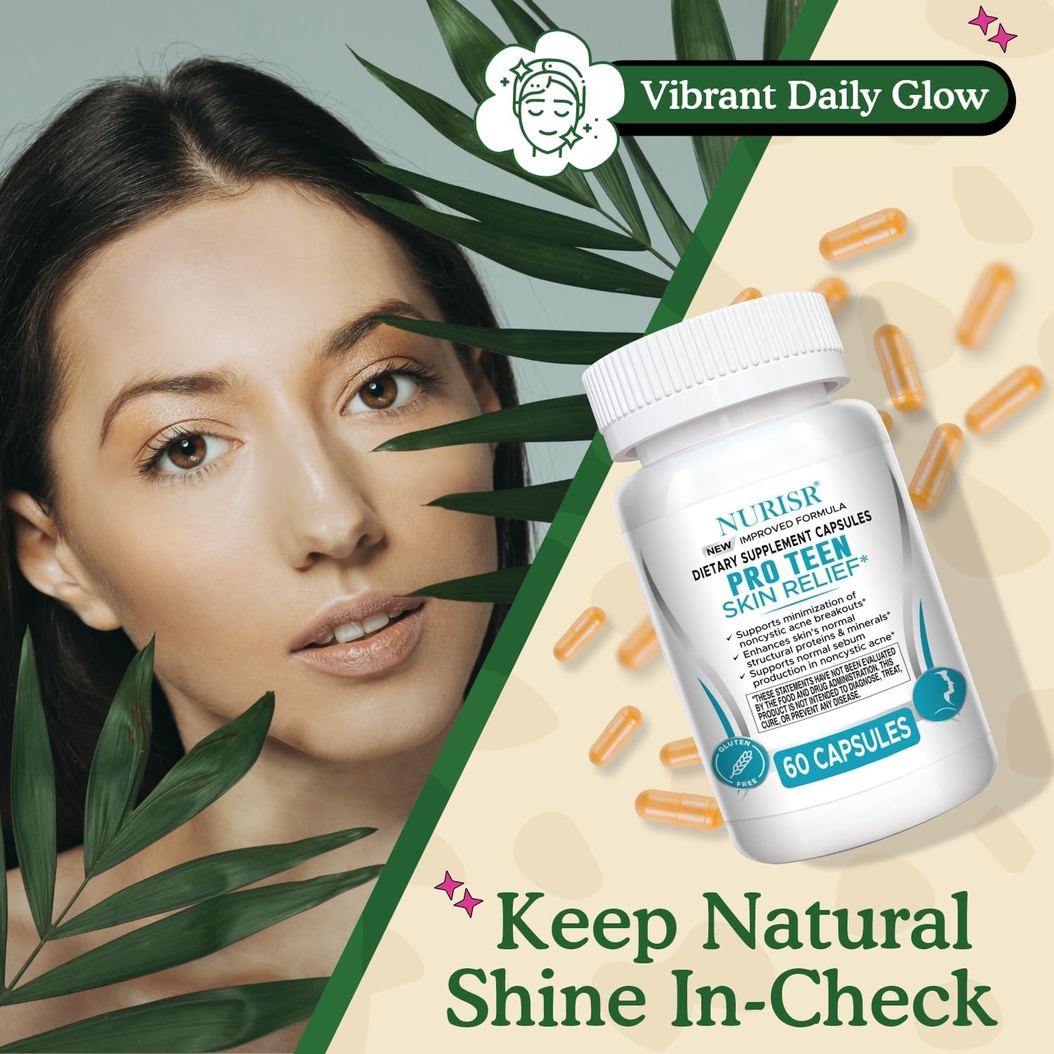 Acné Suplemento para Adolescentes con Vitaminas A, B, C, E y Biotina para una Piel Clara y Radiante, Apoya la Producción Equilibrada de Grasa - Sin Gluten, 60 Cápsulas