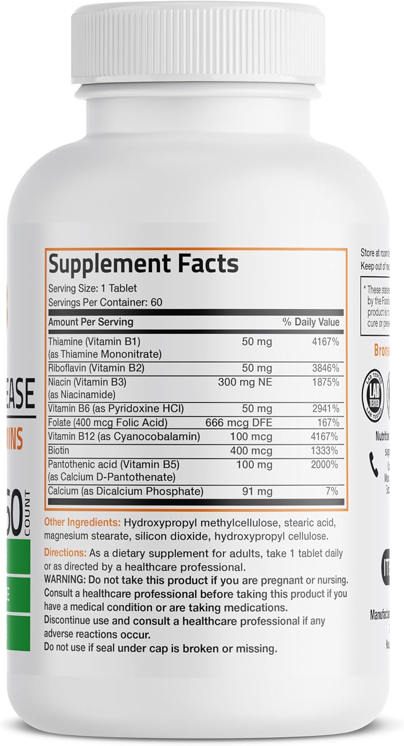 Bronson Super B Complejo B de Vitaminas con Liberación Sostenida (Vitamina B1, B2, B3, B6, B9 - Ácido Fólico, B12) Contiene Todas las Vitaminas B, 60 Comprimidos