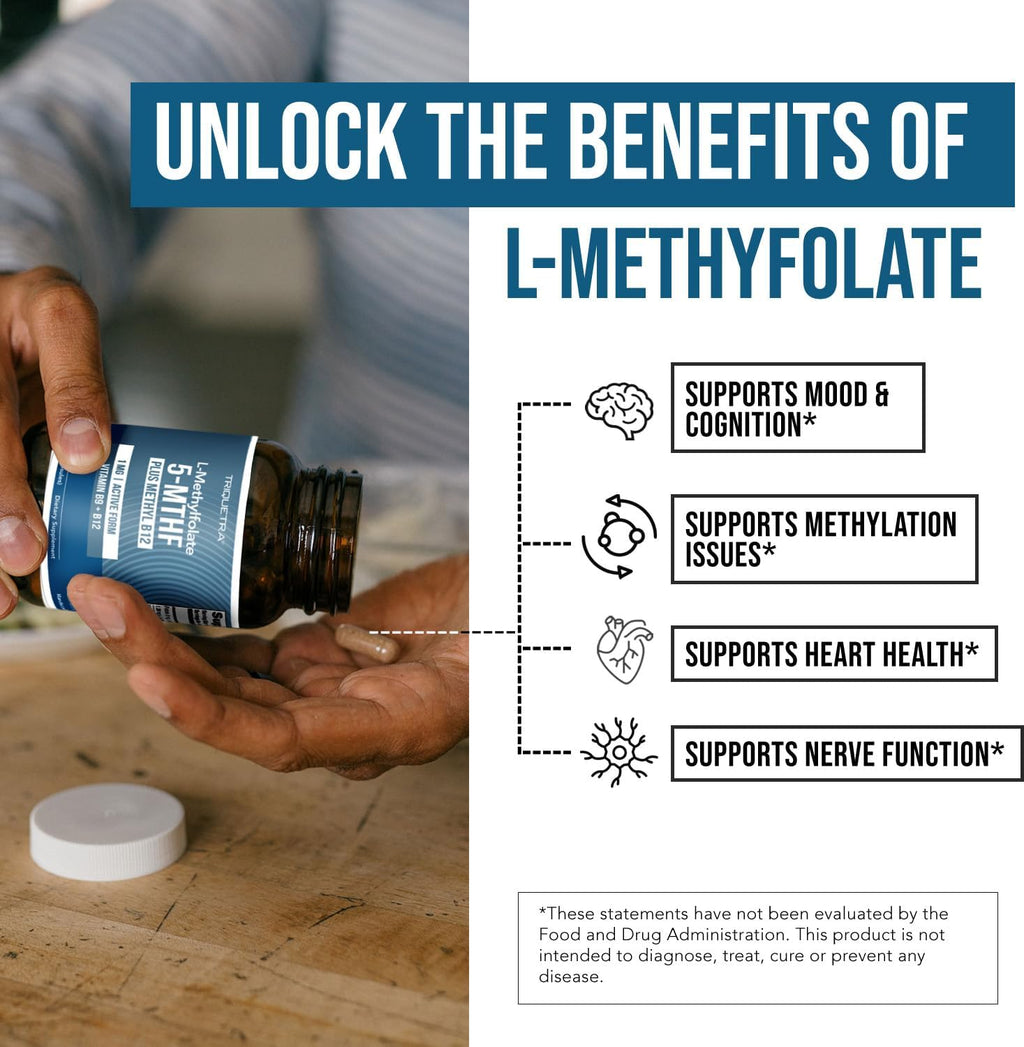 L-Metilfolato 1000 mcg más Metil B12 Cofactor – Forma Activa 5-MTHF – Apoya el Estado de Ánimo, la Metilación y la Cognición – Vitaminas B9 y B12 Altamente Biodisponibles (60 Cápsulas – 60 Porciones)