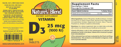 Nature's Blend Vitamina D3 1000 UI 300 – Ayuda a mantener los niveles normales de calcio en sangre. – Image 2