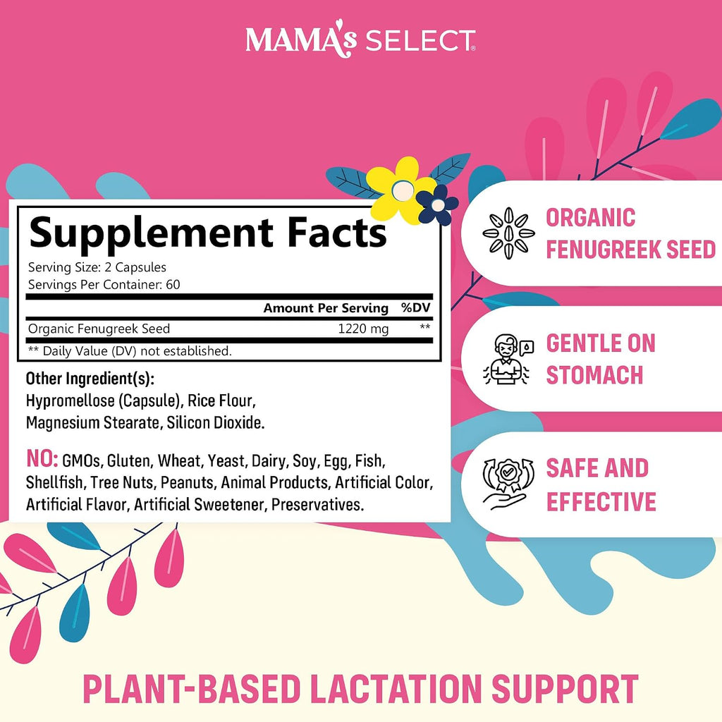Mama's Select Fenogreco Orgánico en Cápsulas – Suplemento Dietético para la Lactancia