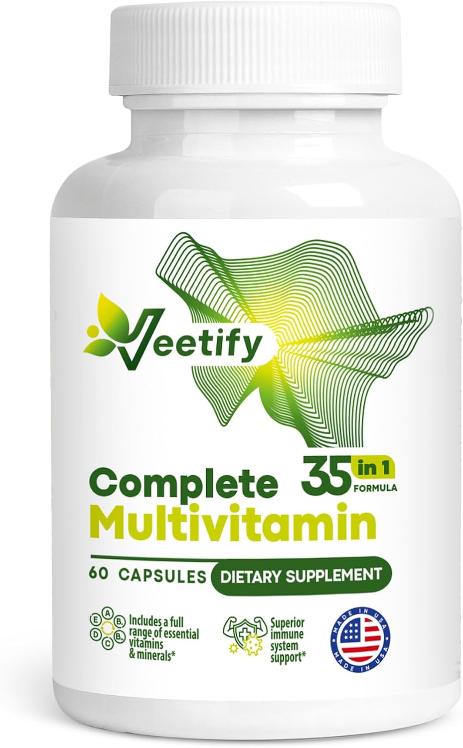 Veetify Multivitamínico Completo 35 en 1 – Vitaminas y Minerales de Alta Potencia con Antioxidantes, Magnesio, Zinc y Fórmula Detox de Té Verde – 60 Cápsulas Veganas