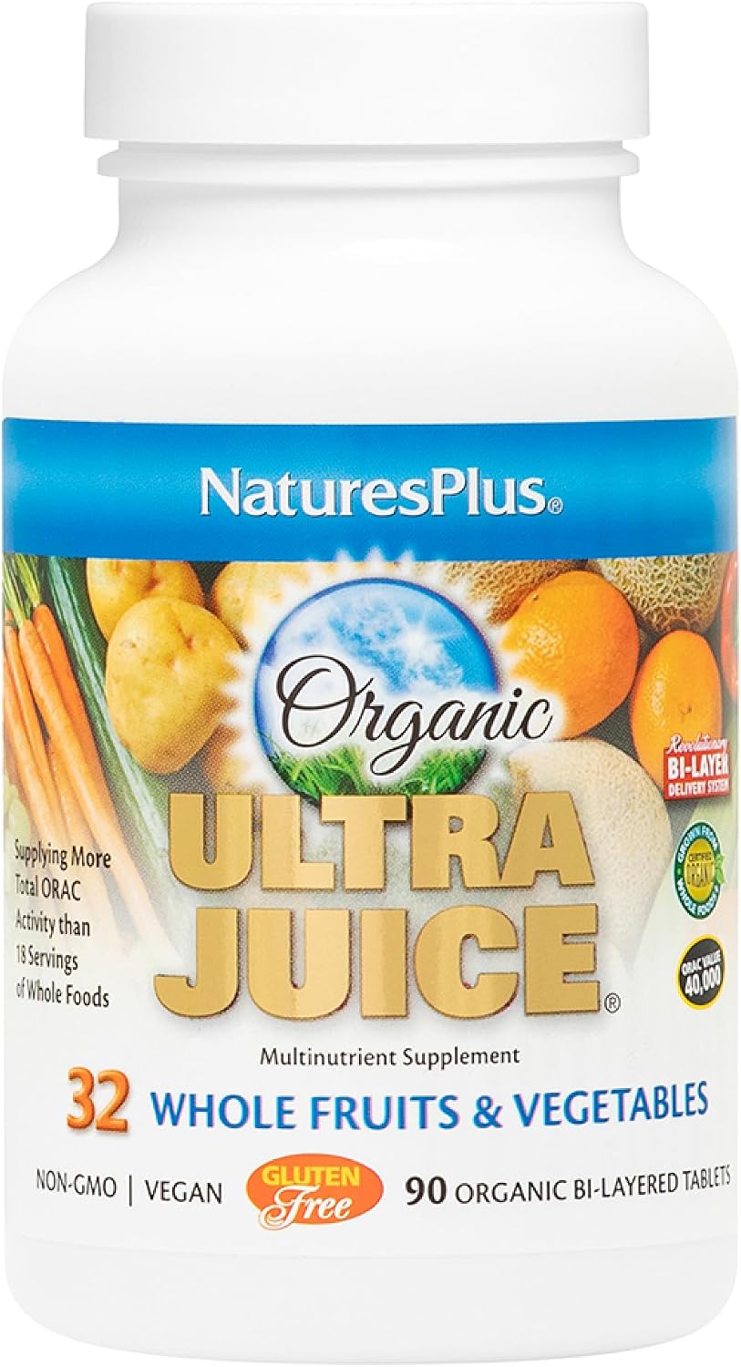 NaturesPlus Ultra Juice Multivitamin - 90 Comprimidos Bicapa - Complemento Alimenticio Integral con Frutas, Verduras y Probióticos - Energía, Digestión y Salud Inmunológica - Ecológico - 45 Dosis