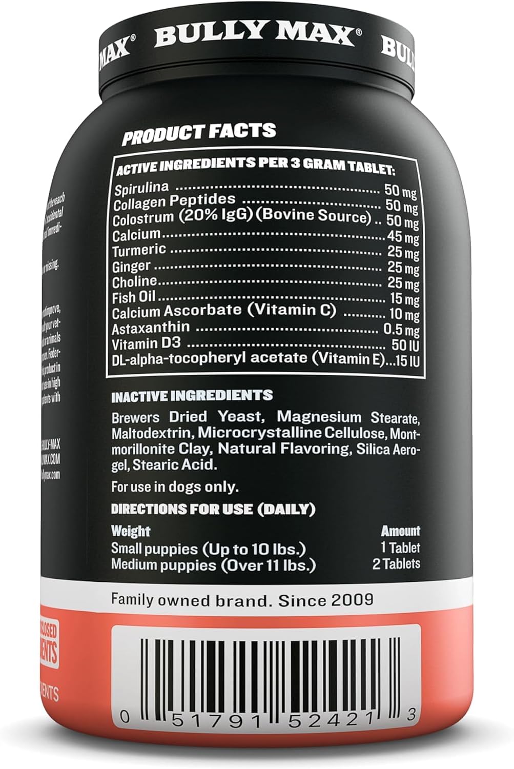 Bully Max 2-en-1 Vitaminas para Cachorros - 30 Comprimidos Masticables para el Crecimiento y Desarrollo - 2 Frascos