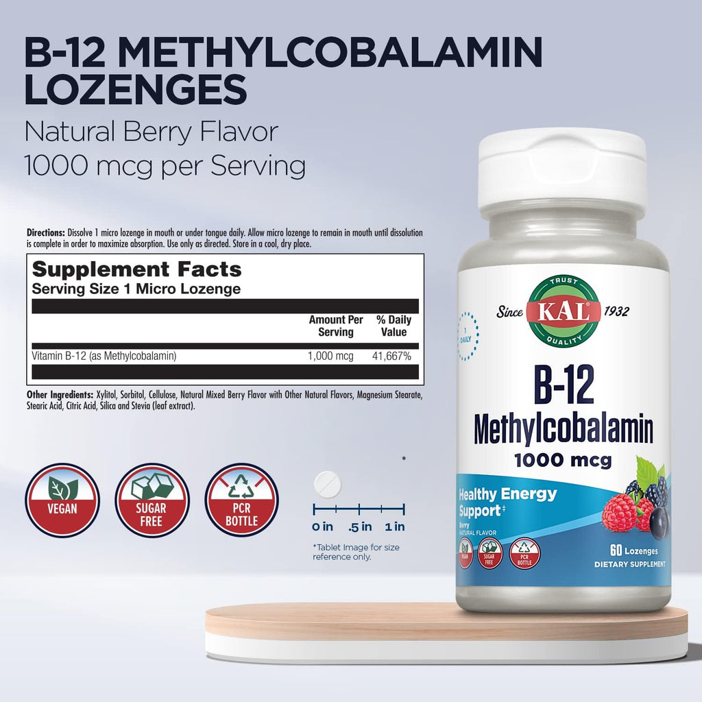 KAL Vitamina B-12 Metilcobalamina 1000 mcg - Comprimidos sabor baya natural, 60 unidades