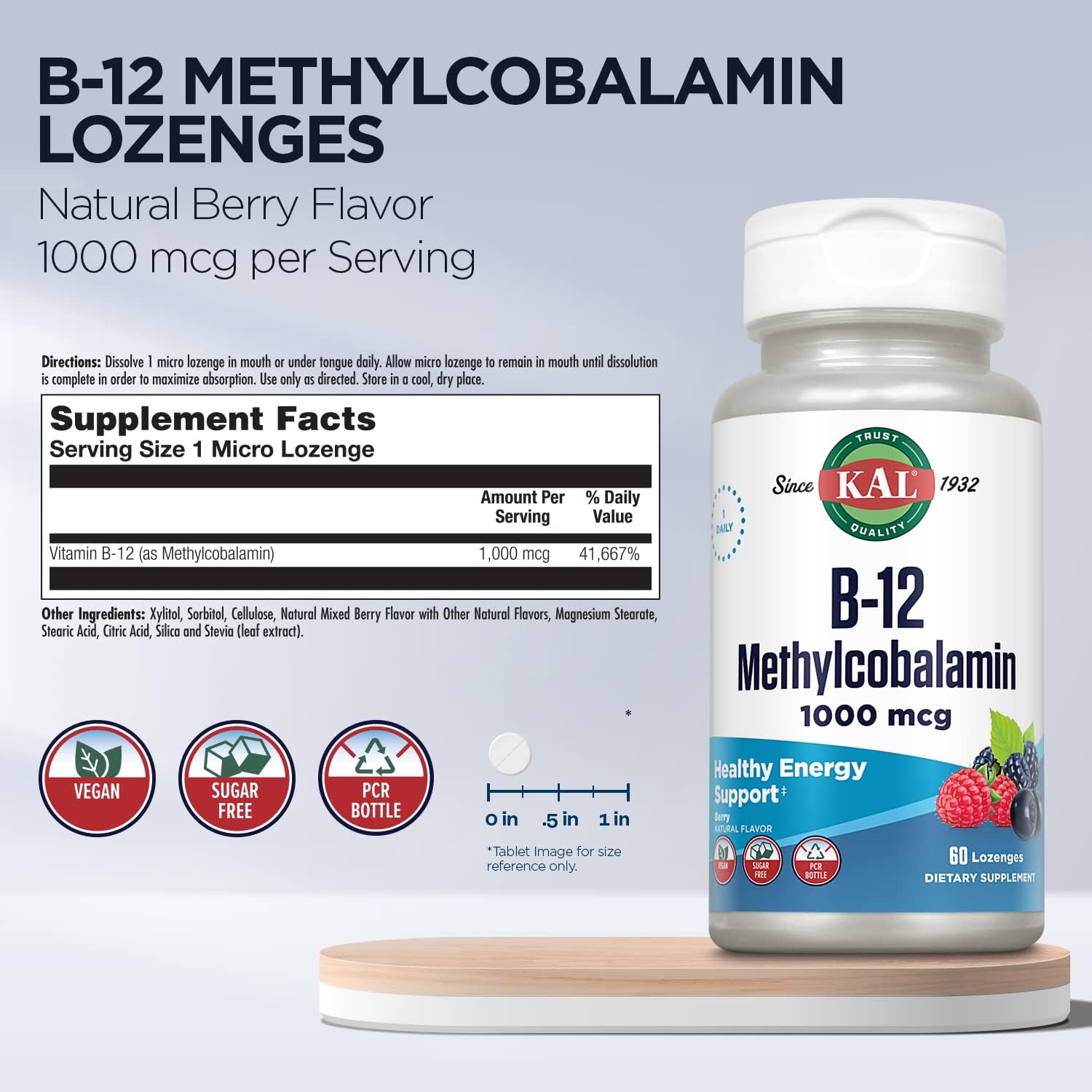 KAL Vitamina B-12 Metilcobalamina 1000 mcg - Comprimidos sabor baya natural, 60 unidades