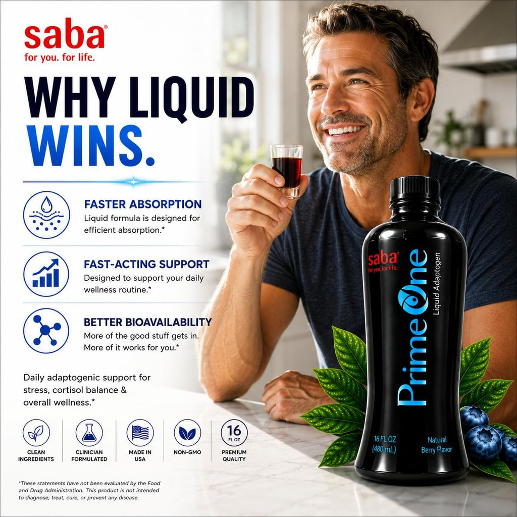 Saba Prime One Líquido Adaptógeno con Ashwagandha, Rhodiola, Reishi, Ginseng y Eleuthero - 946 ml