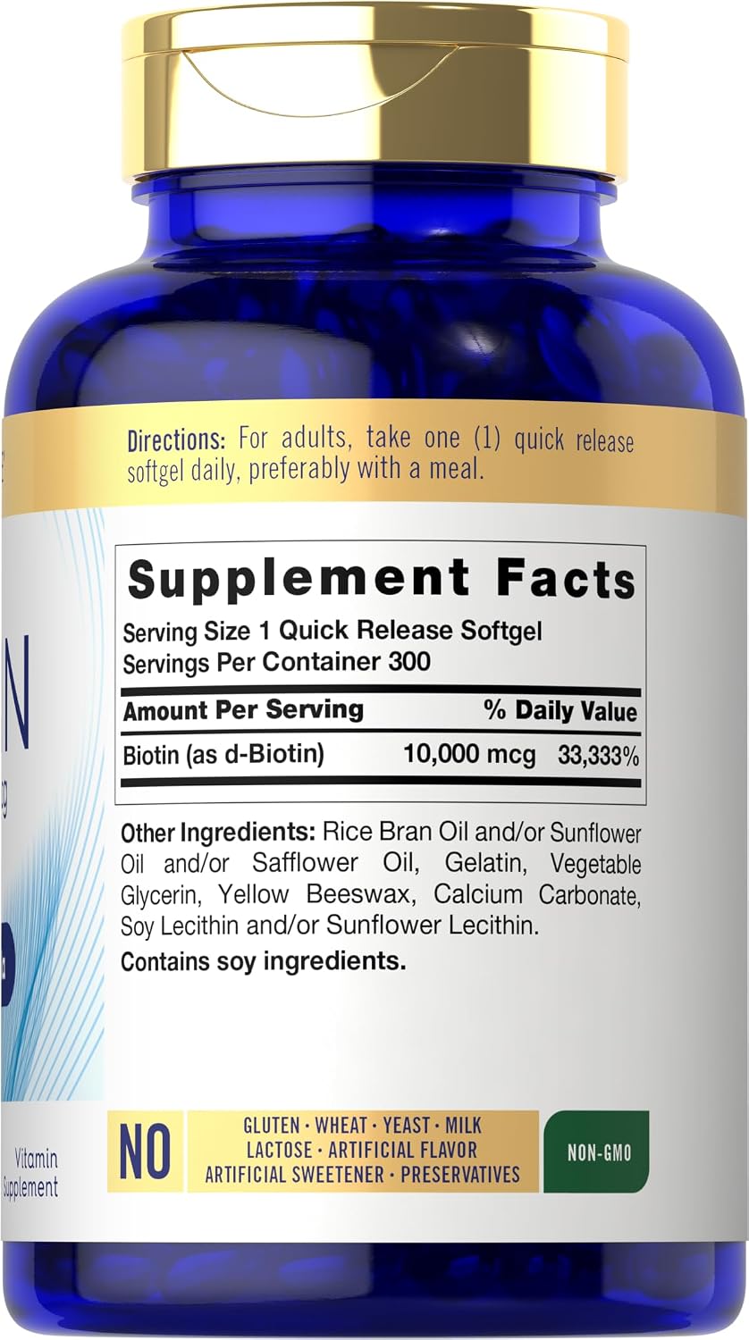 Carlyle Biotina 10000mcg | 300 Cápsulas Blandas | Alta Concentración para Cabello, Piel y Uñas | Sin Gluten, No GMO