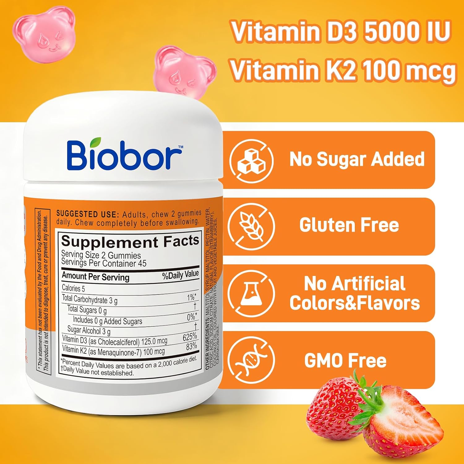 Biobor Natural Vitamin D3 K2 Gummies, 5000 UI D3 + 100 mcg K2 (MK-7), 90 Gominolas
