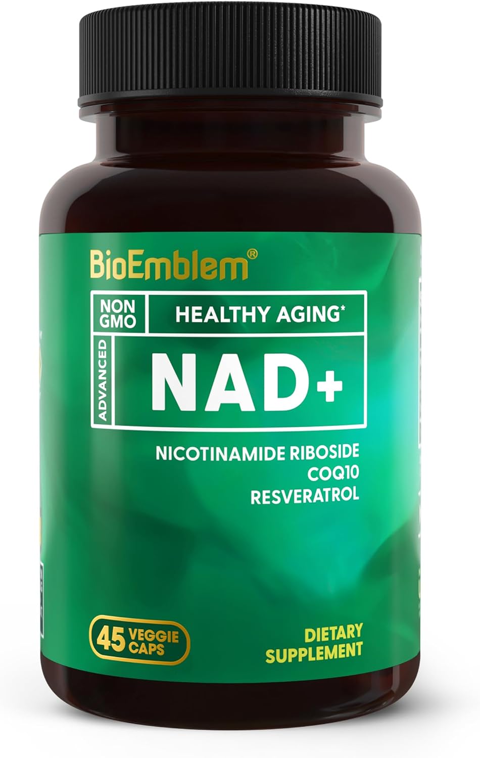 BioEmblem NAD+ Suplemento | 300 mg Nicotinamida Ribósido con CoQ10 y Resveratrol | Apoya el Envejecimiento Saludable, Energía Celular y Función Cognitiva | No OGM, Sin Gluten - 45 Cápsulas