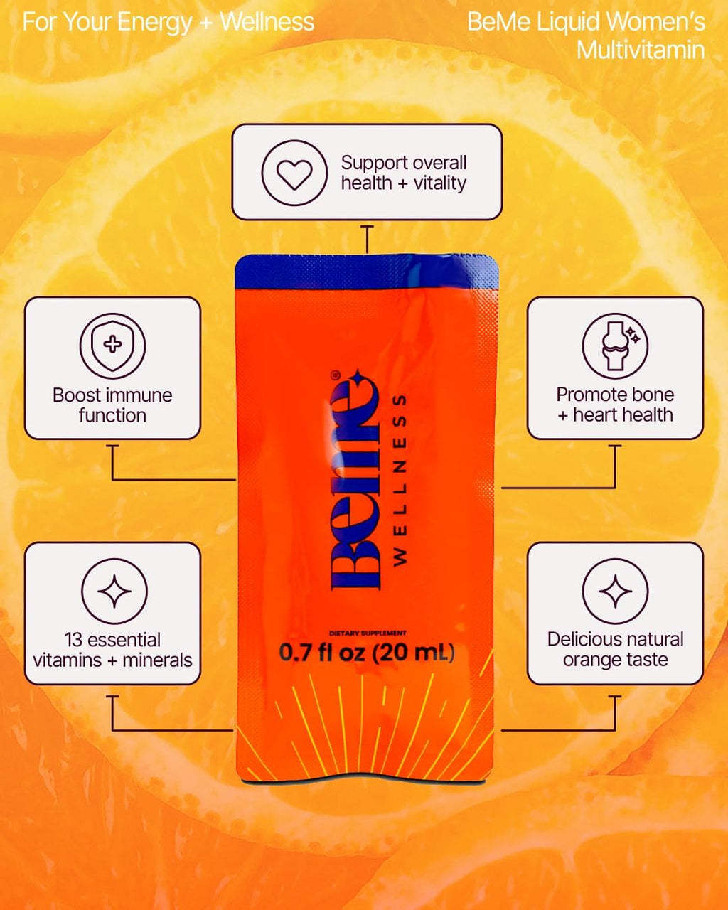 BeMe Multivitamínico Líquido para Mujeres - 13 Vitaminas y Minerales - 15 Sobres, Sabor Naranja