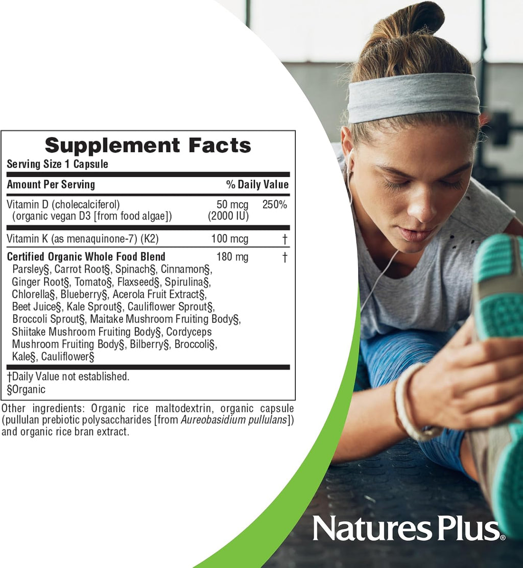 NaturesPlus Source of Life Garden Vitamina D3 y K2 - 60 Cápsulas - Apoyo Inmunológico y Óseo - Orgánico, Vegano, Sin Gluten