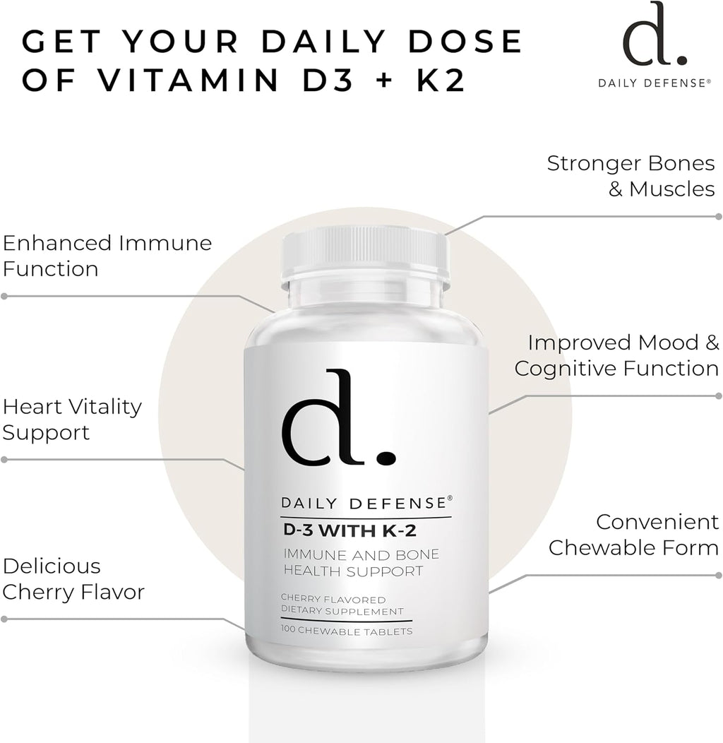 Daily Defense - Vitamina D3 y K2 2000 UI, 100 Comprimidos Masticables