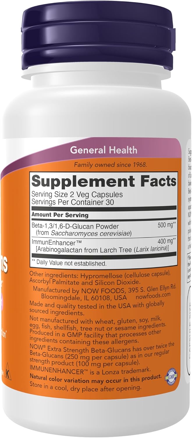 NOW Foods Beta-Glucanos con ImmunEnhancer™ y Arabinogalactano de Alerce, Extra Fuerte, 60 Cápsulas Veganas