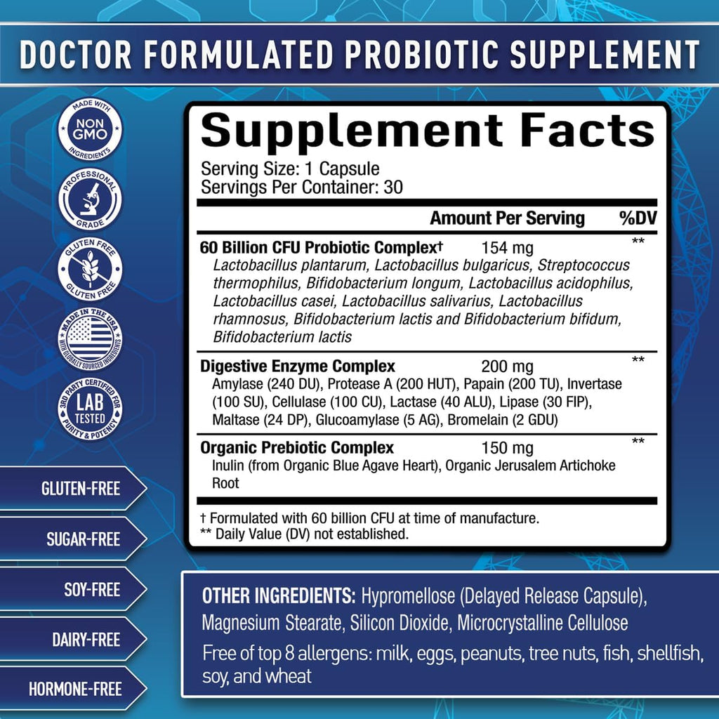 Purely Optimal Probióticos para la Salud Digestiva, 60 mil millones de UFC – Liberación retardada con enzimas digestivas y prebióticos orgánicos – Apoyo contra la hinchazón, inmunidad y energía, 30 cápsulas