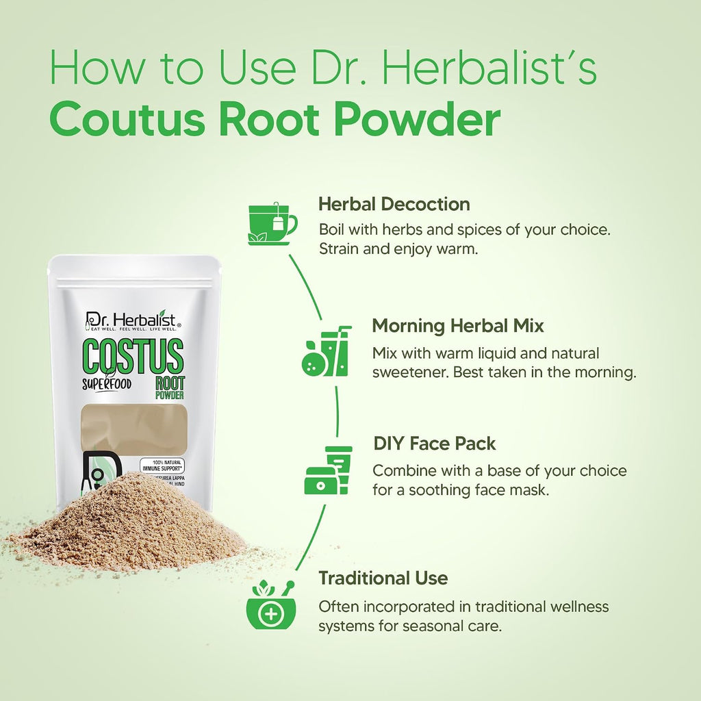 Dr. HERBALIST Polvo de Raíz de Costus 200g - Saussurea Costus Puro (Qust Al-Hindi) con Costunólido | Halal