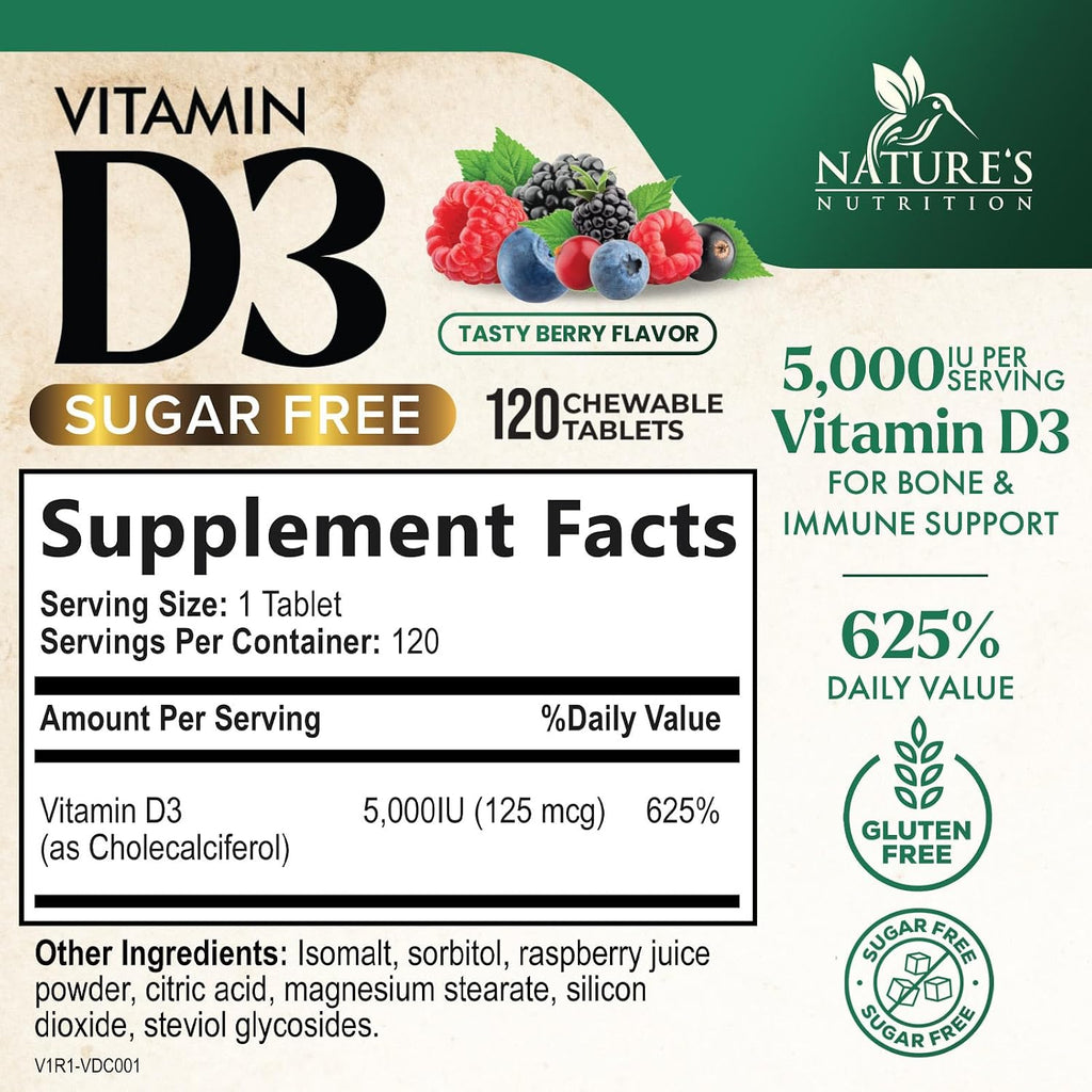 Vitamina D3 5000 UI (125 mcg) por ración - Comprimidos masticables extra fuertes para el apoyo inmunitario, huesos, dientes y músculos - Sin azúcar, sin gluten, envasado en EE. UU. - 120 comprimidos