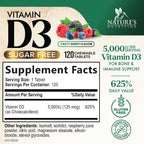 Vitamina D3 5000 UI (125 mcg) por ración - Comprimidos masticables extra fuertes para el apoyo inmunitario, huesos, dientes y músculos - Sin azúcar, sin gluten, envasado en EE. UU. - 120 comprimidos