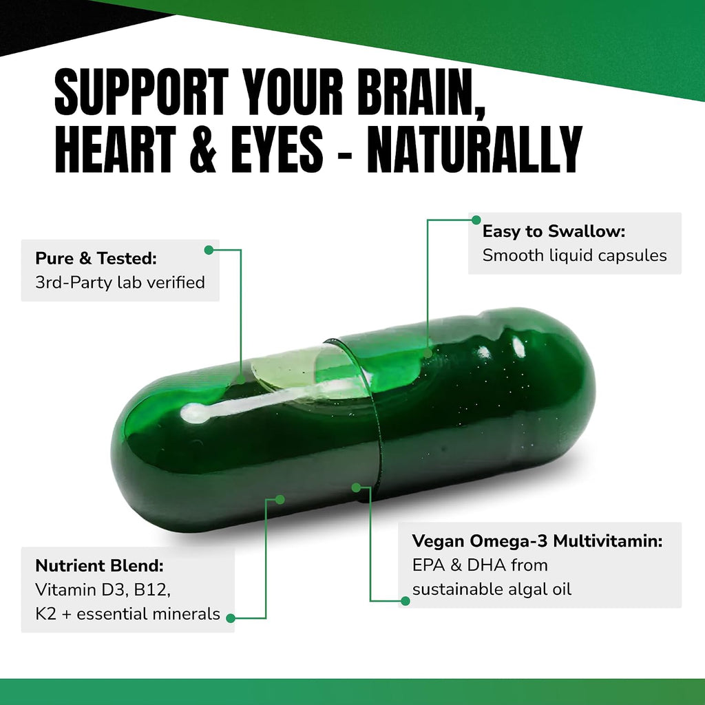 VEDGE Vegan Omega 3 Multivitamin – Complejo Multivitamínico Vegano con Omega 3, Vitaminas B12, D, K2, Magnesio, Zinc y Selenio