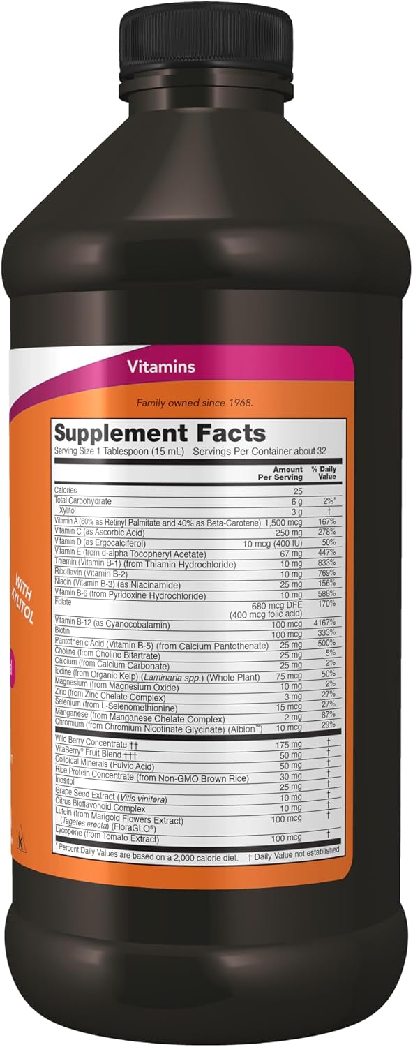 NOW Foods Liquid Multi, Absorción Rápida, Multivitamínico y Mineral Líquido, Sabor Bayas Silvestres, 473 ml