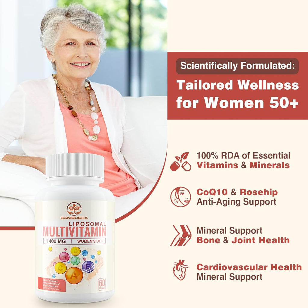 Sambugra Multivitamínico Liposomal para Mujeres 50+ - 32 Ingredientes con CoQ10, Vitaminas C, B, D, E - Sin Hierro (60 Cápsulas)