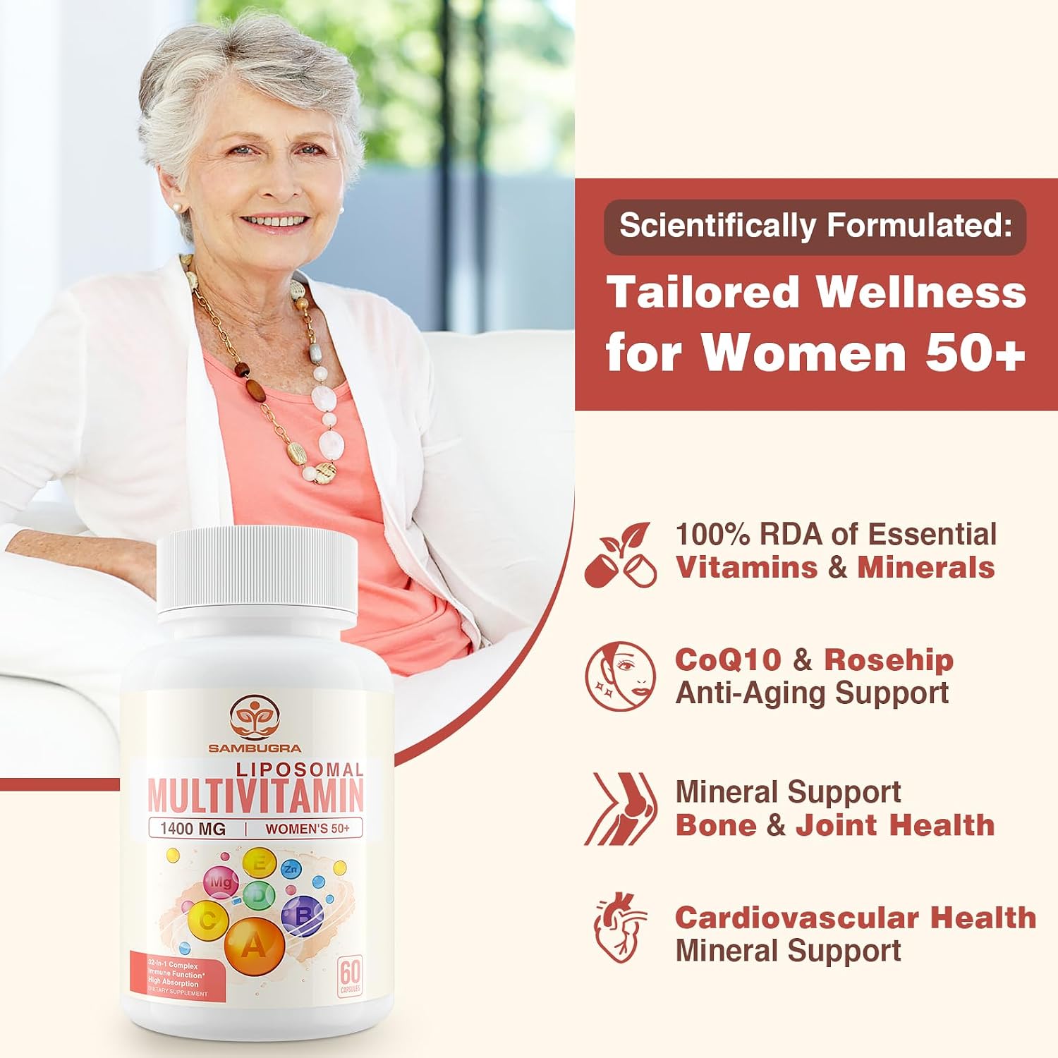 Sambugra Multivitamínico Liposomal para Mujeres 50+ - 32 Ingredientes con CoQ10, Vitaminas C, D, E y Luteína - Sin Hierro (120 Cápsulas)