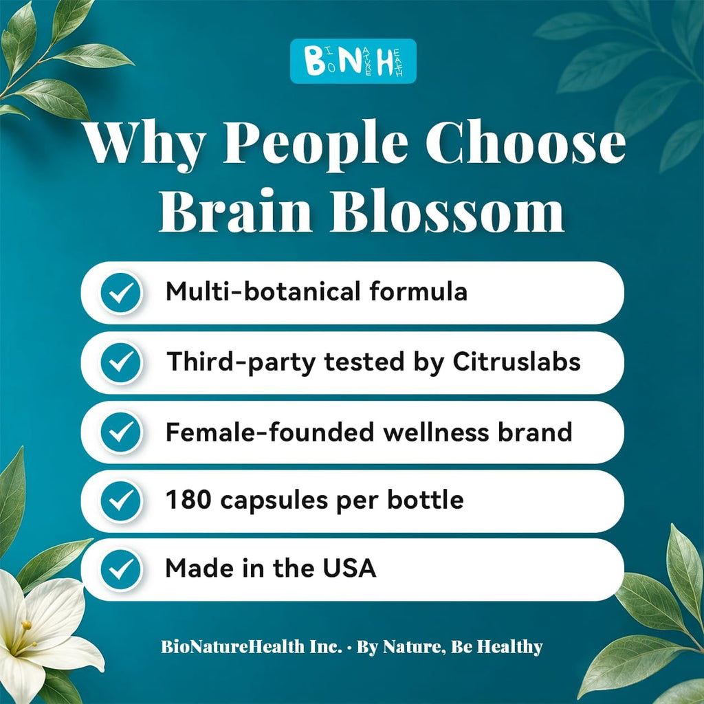 BNH Brain Blossom - Suplemento para Memoria y Enfoque con Azafrán, Ginseng y Cúrcuma, 180 Cápsulas