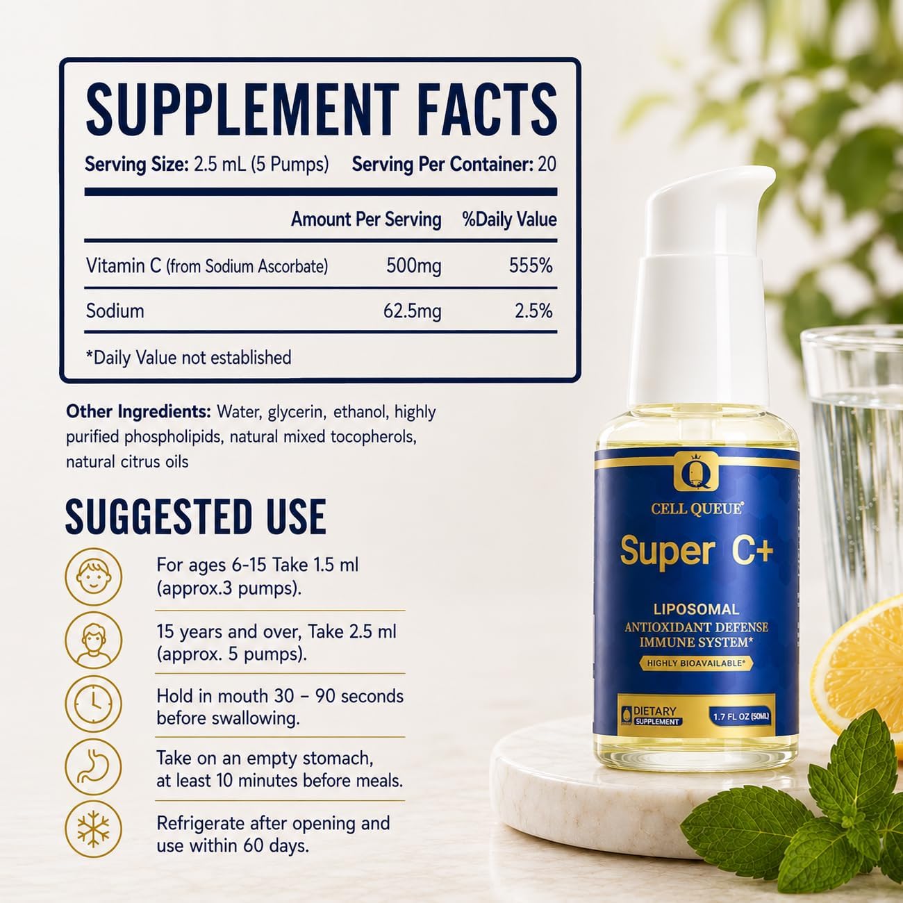 Cellqueue Vitamina C Liposomal Líquida 500 mg - Alta Absorción, Apoyo Inmunológico, Producción de Colágeno, Antioxidante, Suave para el Estómago, 50 ml