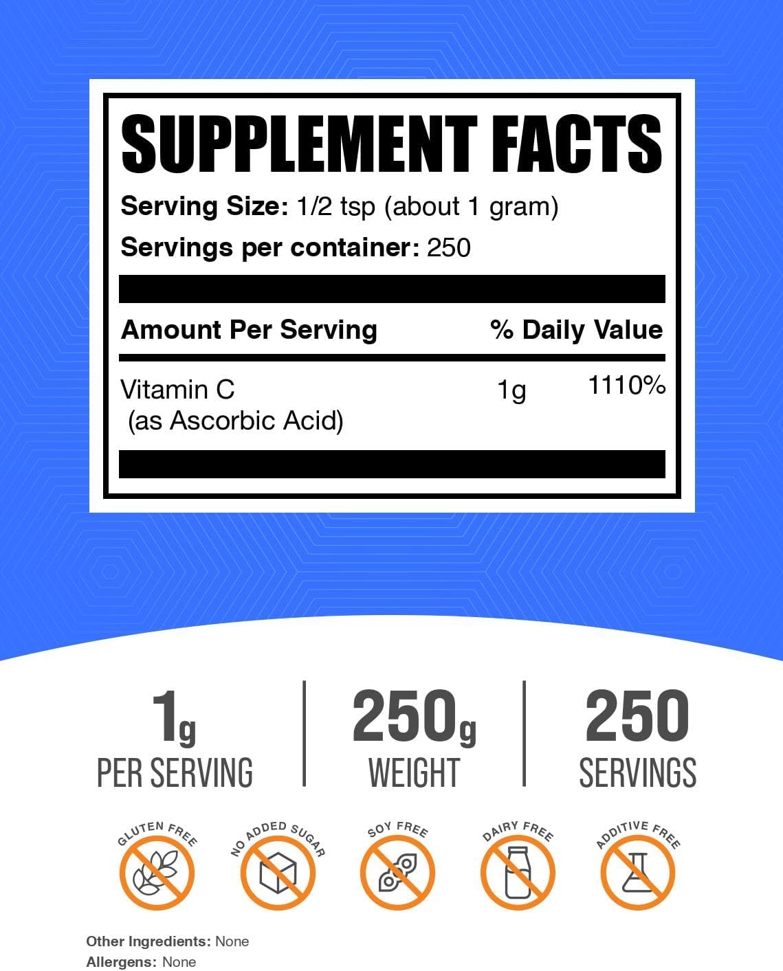 BulkSupplements.com Ácido Ascórbico en Polvo - Suplemento de Vitamina C, Grado Alimenticio, Sin Gluten, 1 g por Ración, 250 g