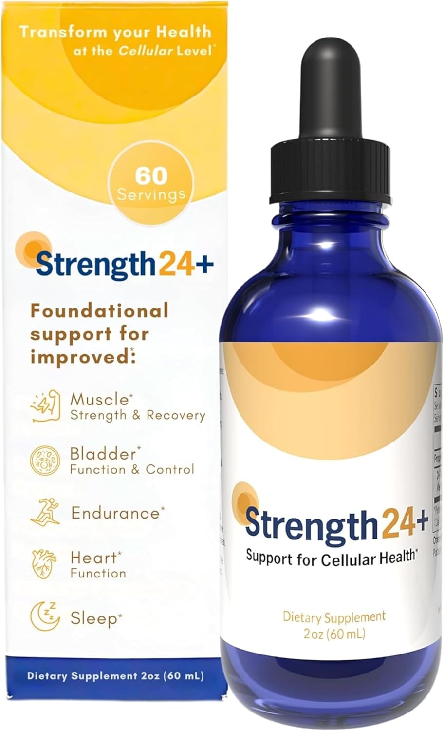 Strength24+ Gotas de Vitalidad, Control de la Vejiga, Salud Celular y Energía, 60 Dosis (1 Mes), con Extracto de Jazmín y Aminoácidos, Recuperación Muscular, Apoyo para Dormir, 60 ml