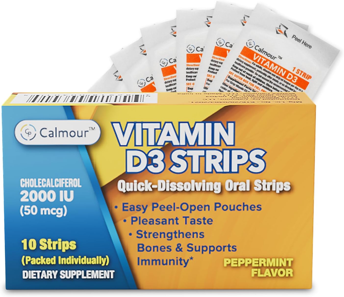CALMOUR Vitamin D3 Strips 100 Unidades | 2000 UI Vitamina D3 Oral Disoluble | Sabor Menta