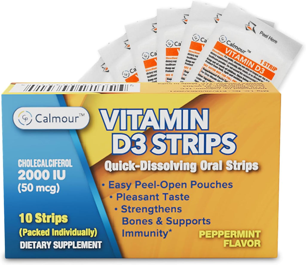 CALMOUR Vitamina D3 Tiras Orales 2000 UI, 10 Unidades, Sabor Menta