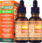 (2 Pack) Organic Vitamin D3 K2 Drops with MCT Oil & Omega 3 - Liquid Vitamin D3 5000 IU - K2 D3 Vitamin Supplement - Vitamin D Drops for Women & Men - No Fillers, Non-GMO, GMP, Citrus Flavor (2 Fl Oz)