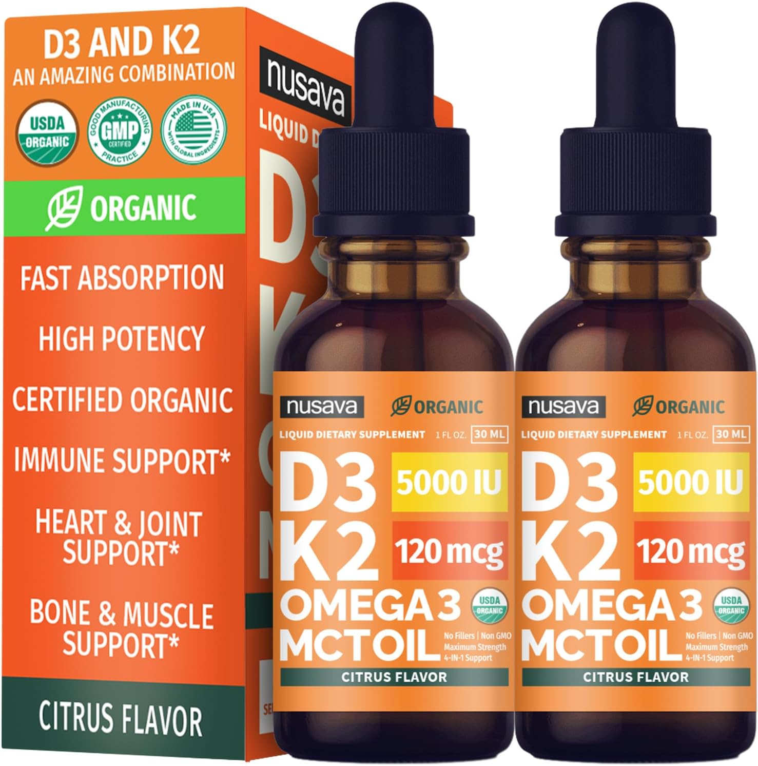(2 Pack) Organic Vitamin D3 K2 Drops with MCT Oil & Omega 3 - Liquid Vitamin D3 5000 IU - K2 D3 Vitamin Supplement - Vitamin D Drops for Women & Men - No Fillers, Non-GMO, GMP, Citrus Flavor (2 Fl Oz)