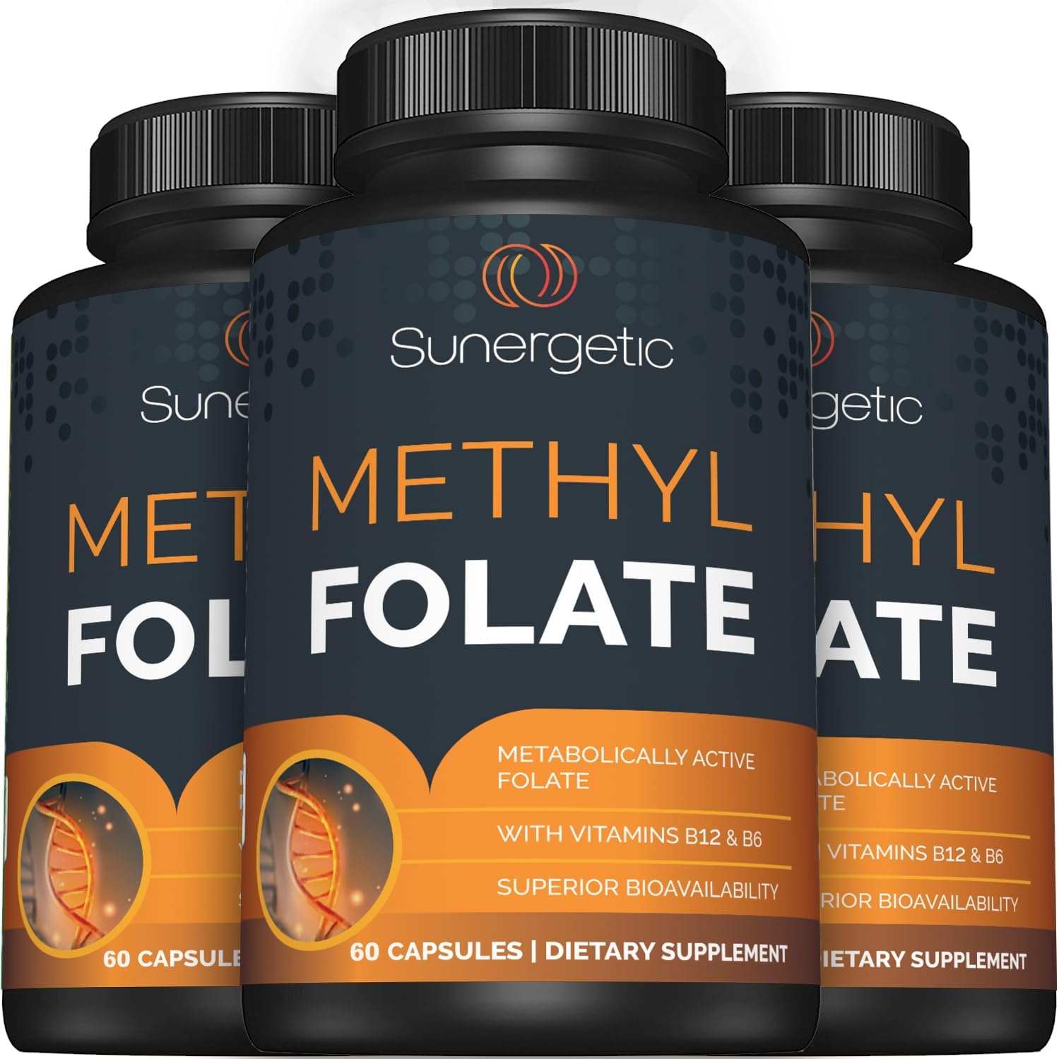 Sunergetic Premium Methyl Folate Supplement – with Methylated Vitamin B12 and Vitamin B6 – Metabolically Active Folate as Magnafolate - Methylfolate 400 mcg per Capsule – 60 Capsules