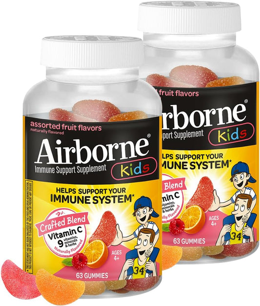 Airborne Gominolas de Vitamina C + Zinc para Niños, 500mg, Sabor Frutas Variadas, Sin Gluten, 126 Gominolas (2 Paquetes)