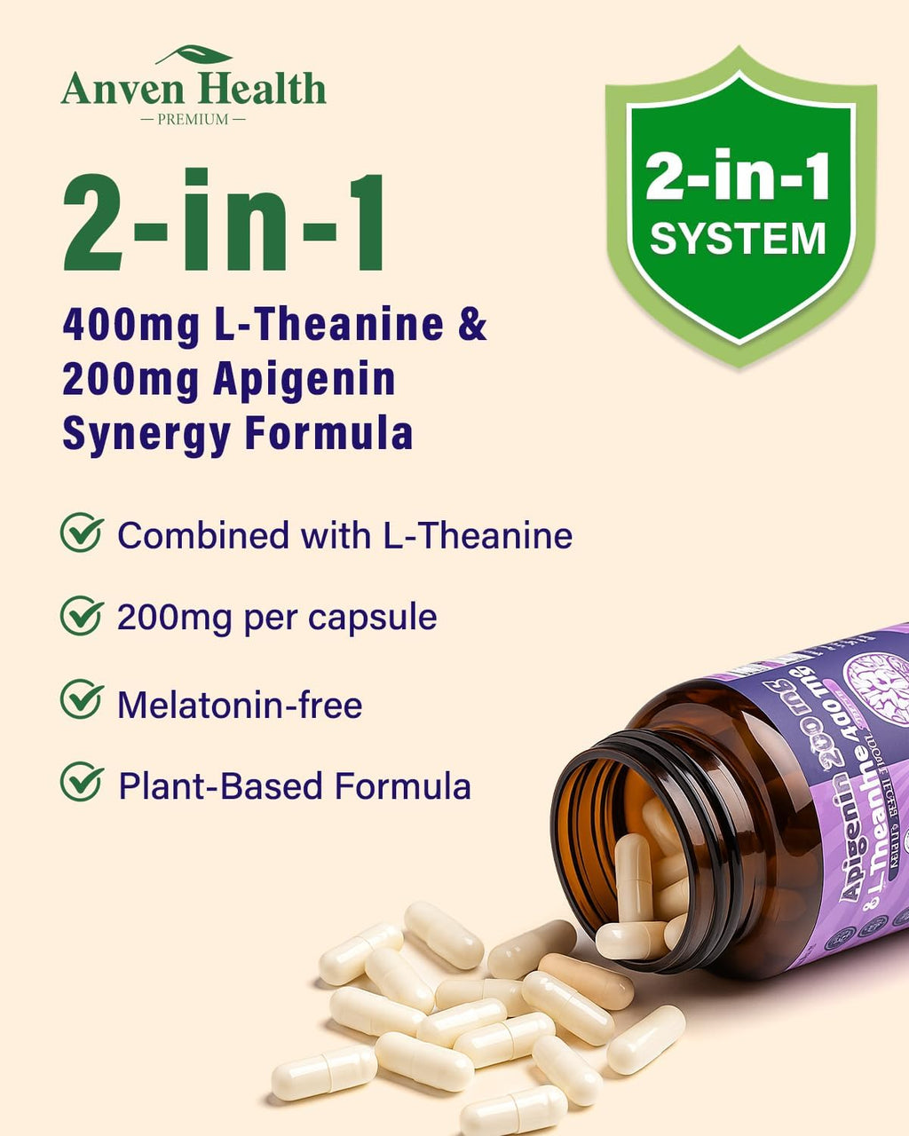 L-Theanine 400 mg con Apigenina 200 mg – Suplemento para el Sueño y la Relajación (120 Cápsulas Vegetarianas)