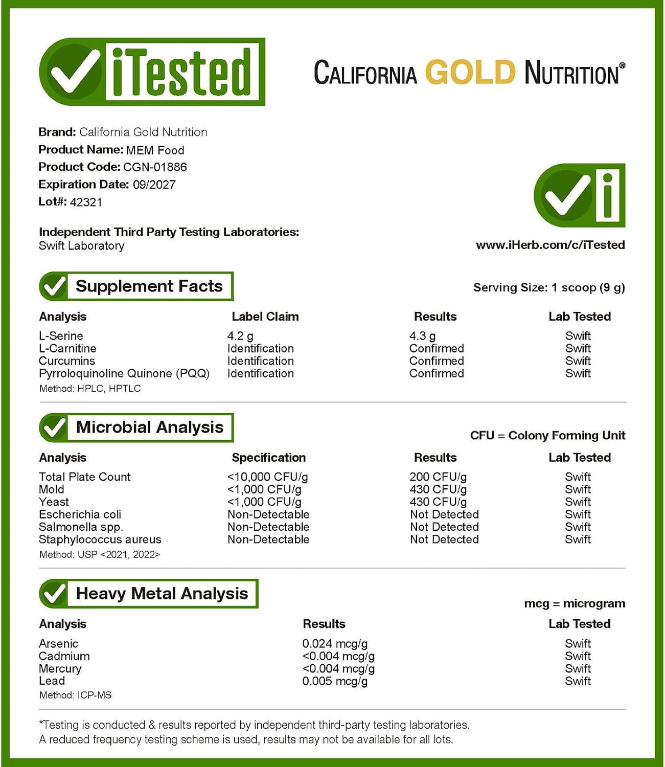 California Gold Nutrition MEM Food, Apoyo a la Memoria y Cognitiva, 510 g
