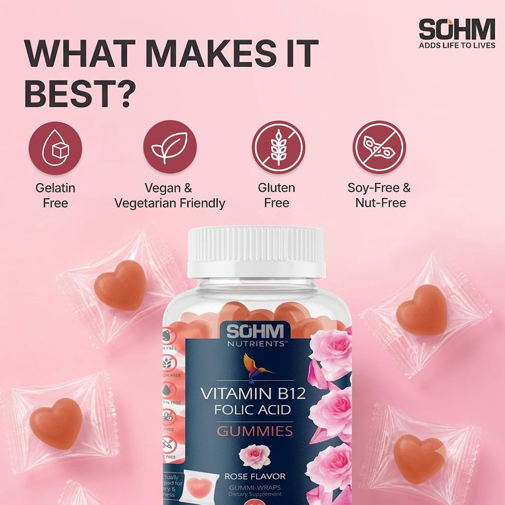 SOHM Ácido Fólico 300 mcg + Vitamina B12 Gomitas para Mujer, 60 unidades – Apoyo Prenatal
