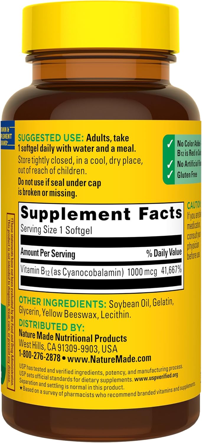 Nature Made Vitamina B12 1000 mcg, Complemento Alimenticio para el Metabolismo Energético, 90 Cápsulas Blandas