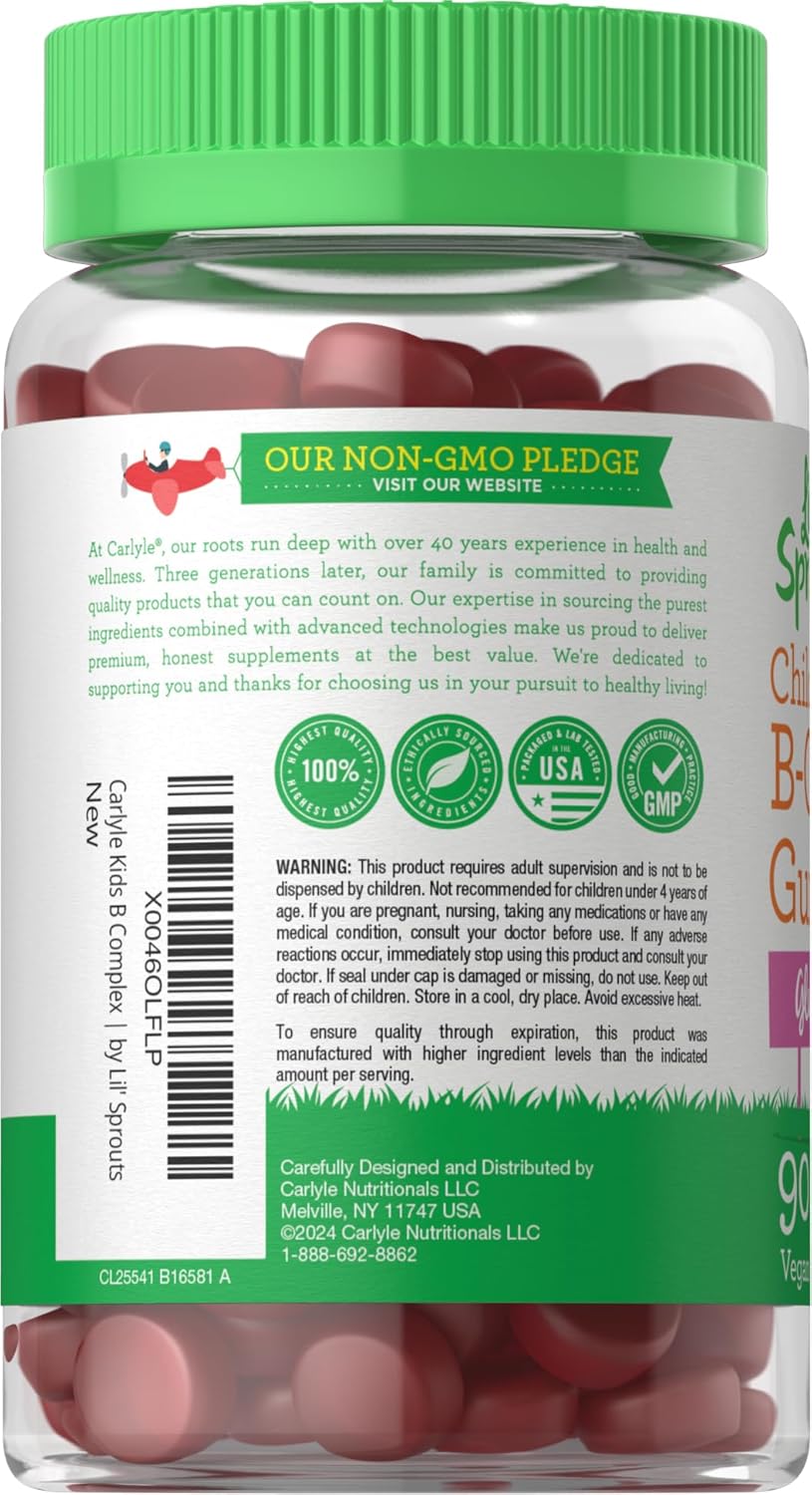 Carlyle Kids B Complex Gummies | 90 Gominolas | Con Vitaminas B1, B2, B6, B12 y Extracto de Ashwagandha | Sabor Melocotón y Frambuesa | Vegano, Sin Gluten y No-GMO