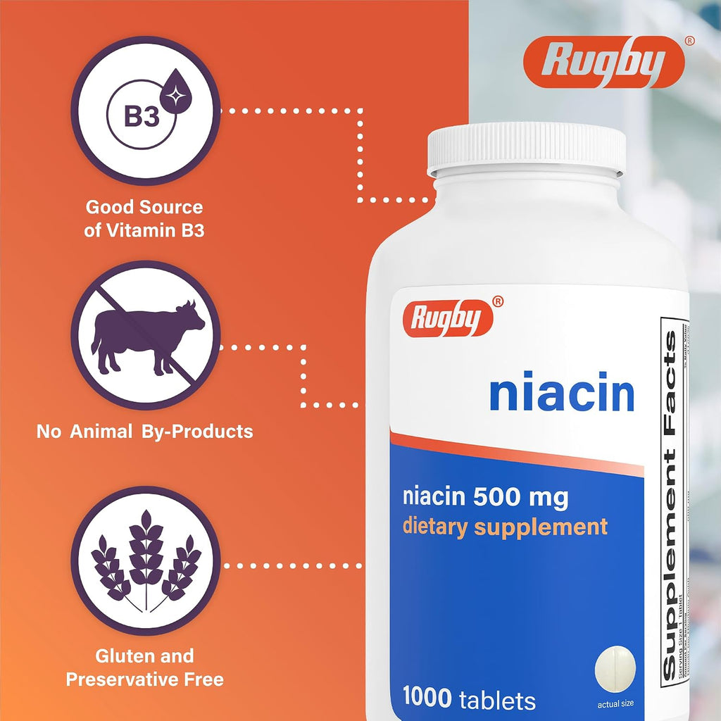 Rugby Niacina 500mg - Suplemento de Vitamina B3 para Hombres y Mujeres - 1000 Comprimidos