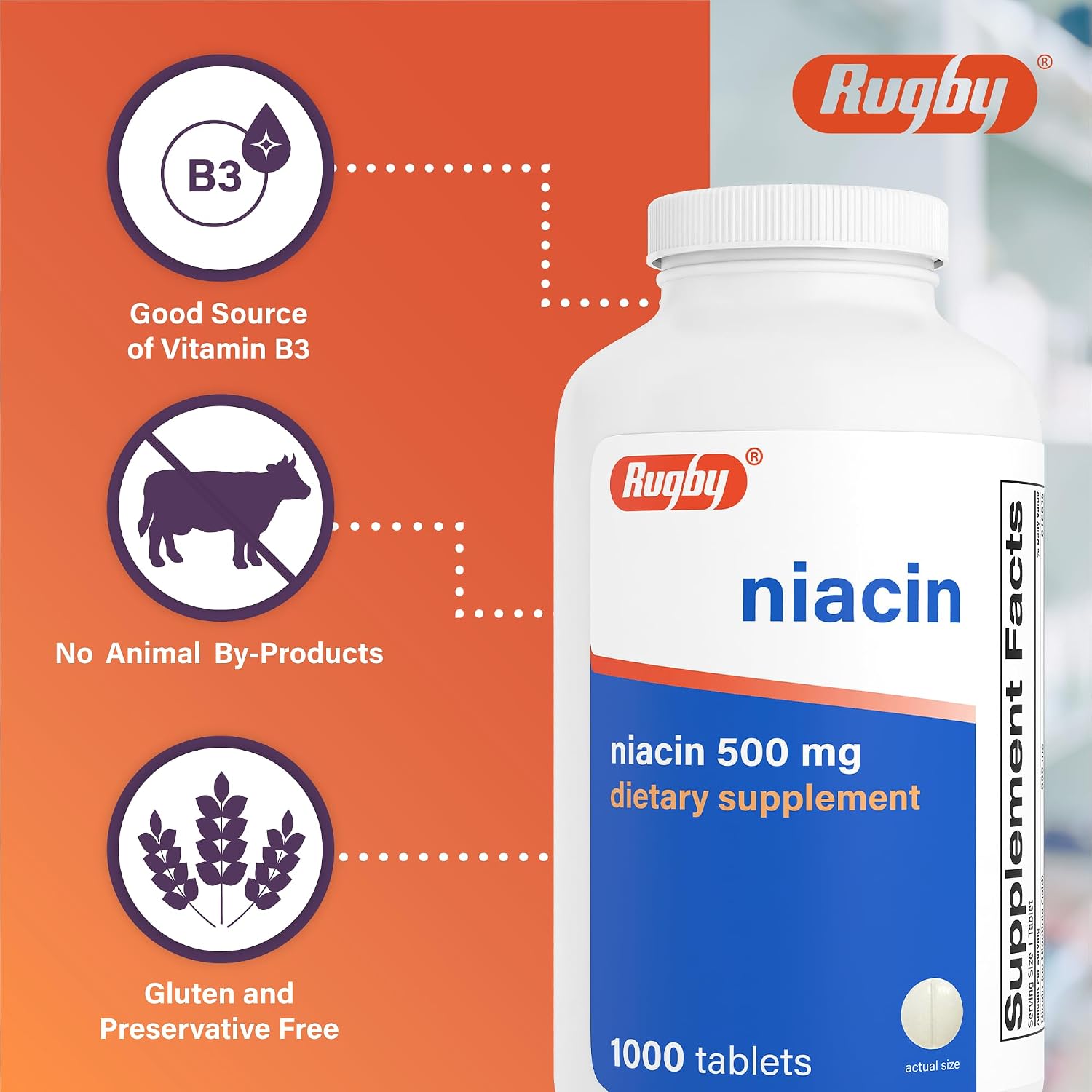 Rugby Niacina 500mg - Suplemento de Vitamina B3 para Hombres y Mujeres - 1000 Comprimidos
